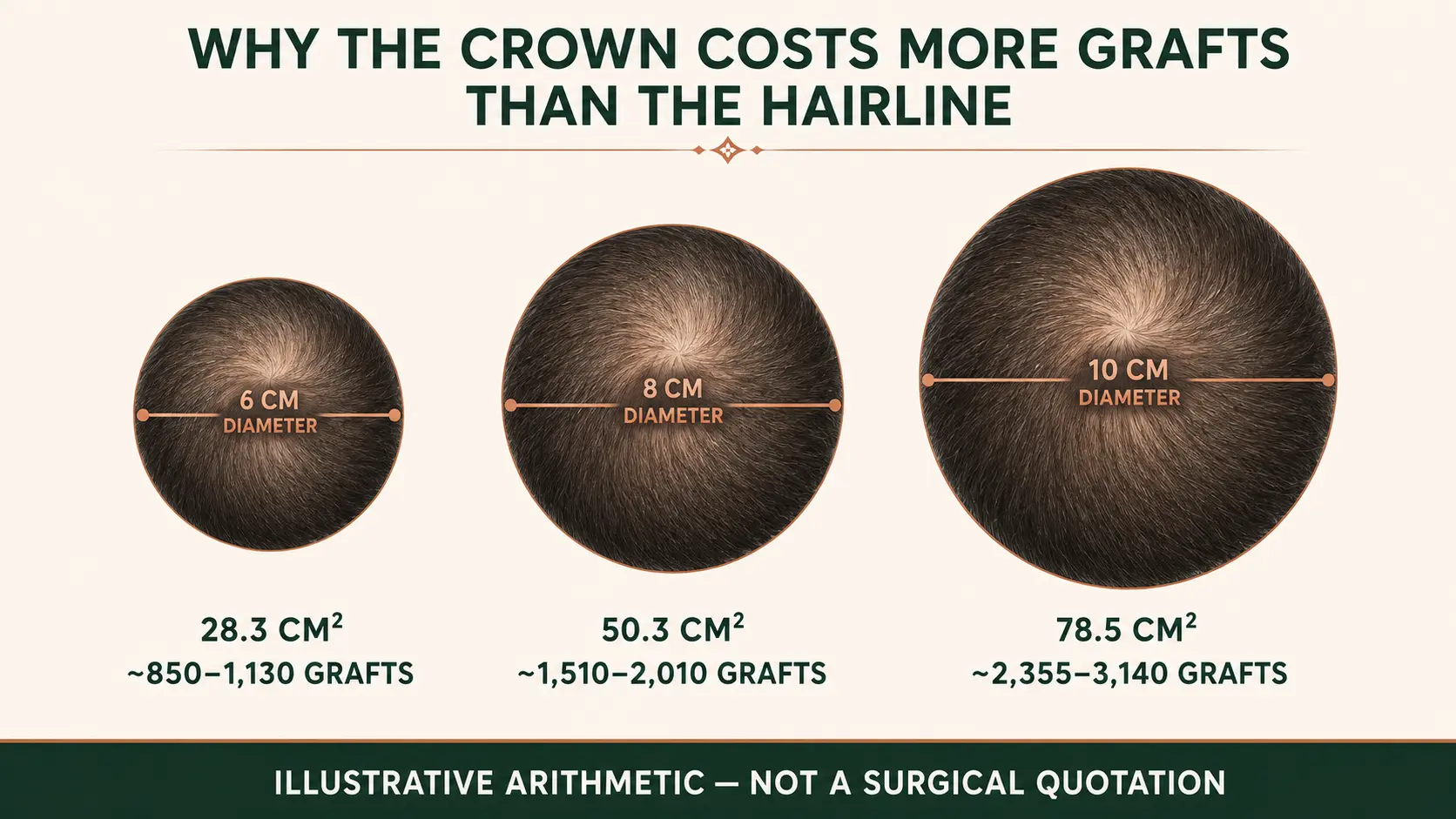Three crown areas drawn to scale at 6, 8 and 10 cm diameter, with surface areas of 28.3, 50.3 and 78.5 square centimeters and illustrative graft ranges rising from about 850 to about 3,140 grafts