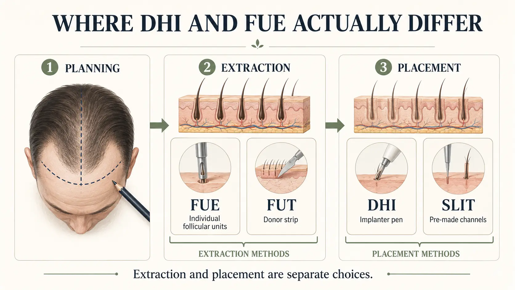 The three stages of a hair transplant: planning the design, extraction of grafts by FUE as individual follicular units or FUT as a donor strip, and placement of grafts by DHI implanter pen or into pre-made slit channels, showing that extraction and placement are separate choices rather than competing procedures