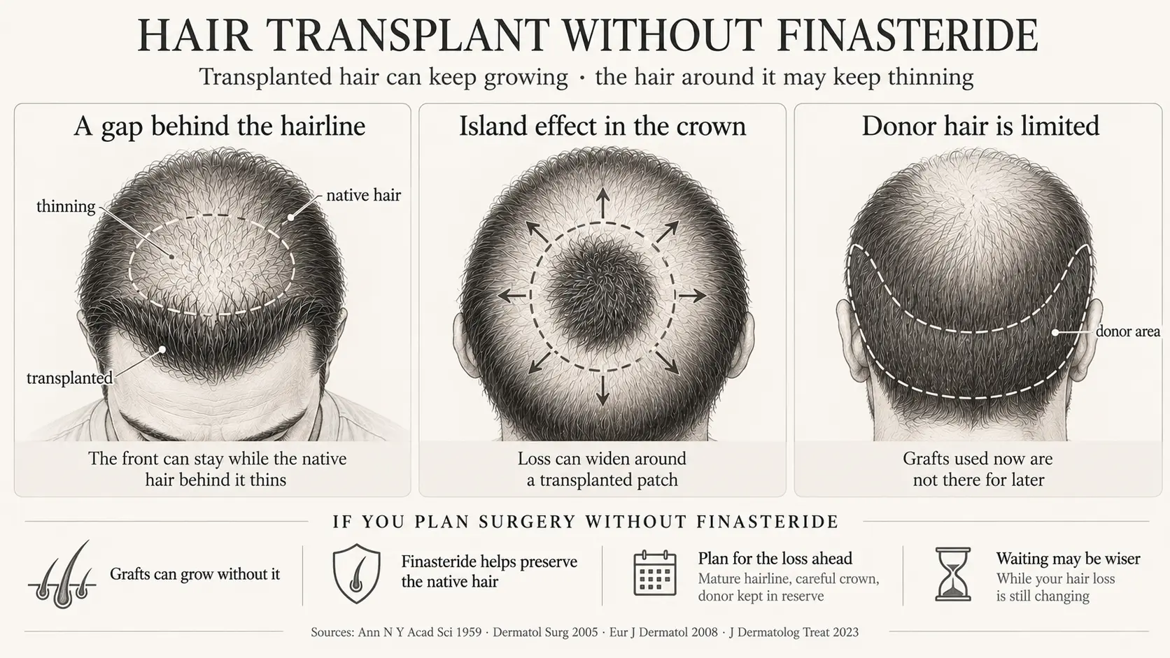 Hair transplant without finasteride: transplanted hair can keep growing, but the hair around it may keep thinning. Three illustrations show what a plan without finasteride has to allow for. A gap behind the hairline, seen from above: a dense transplanted hairline at the front and an outlined area of thinning native hair directly behind it. Island effect in the crown: a dense transplanted patch in the crown with a bare ring of scalp around it and arrows showing the loss widening. Donor hair is limited, seen from behind: the donor area at the back of the head outlined, because grafts used now are not there for later. A lower strip for patients planning surgery without finasteride: grafts can grow without it; finasteride helps preserve the native hair; plan for the loss ahead with a mature hairline, a careful crown and donor hair kept in reserve; and waiting may be wiser while your hair loss is still changing.