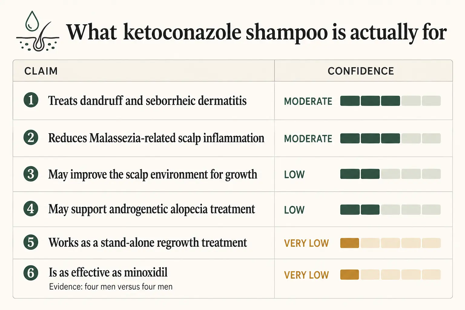 Six claims about ketoconazole shampoo graded by evidence confidence: treating dandruff and seborrheic dermatitis and reducing Malassezia-related scalp inflammation rate moderate; improving the scalp environment for growth and supporting androgenetic alopecia treatment rate low; working as a stand-alone regrowth treatment and matching minoxidil rate very low, the minoxidil comparison resting on four men versus four men