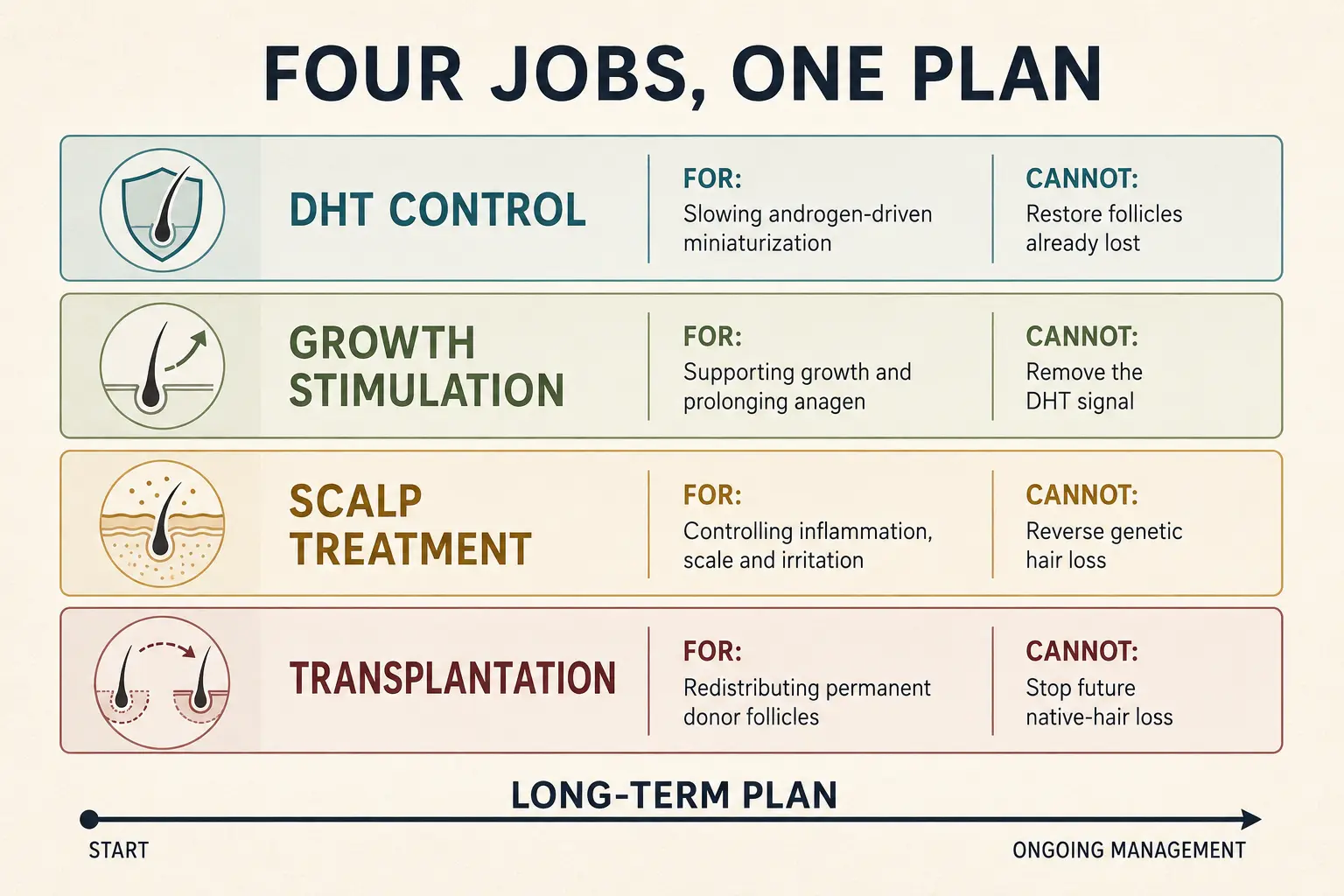 Four parallel strands of long-term hair loss management shown across one timeline: DHT control, growth stimulation, scalp treatment and transplantation, each with what it is for and what it cannot do