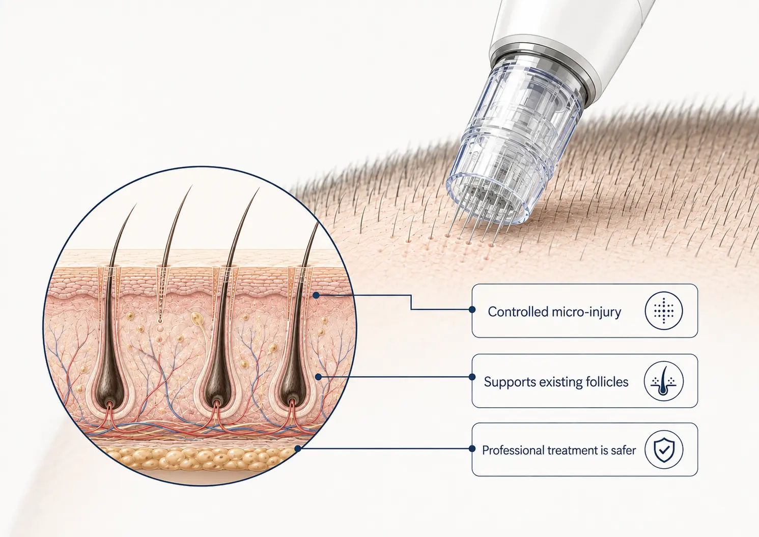 Diagram of scalp microneedling: an electric microneedling pen with fine needles entering the scalp, alongside a cross-section of skin showing hair follicles, with three labelled points — controlled micro-injury, supports existing follicles, and professional treatment is safer