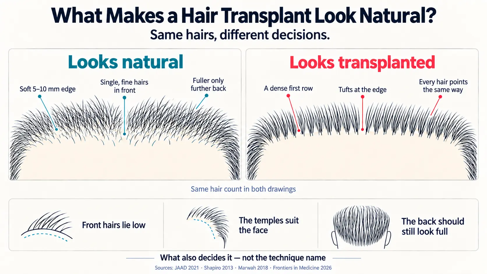 What makes a hair transplant look natural: two drawings of the same hairline with the same hair count, captioned same hairs, different decisions. On the left, labeled looks natural, the front is a soft 5&ndash;10 mm edge of single, fine hairs, and the hair only becomes fuller further back. On the right, labeled looks transplanted, the same hairs form a dense first row of tufts at the edge, with every hair pointing the same way. A lower strip adds three more decisions: front hairs that lie low, temples that suit the face, and a back of the head that still looks full, noting that what decides the result is not the technique name.