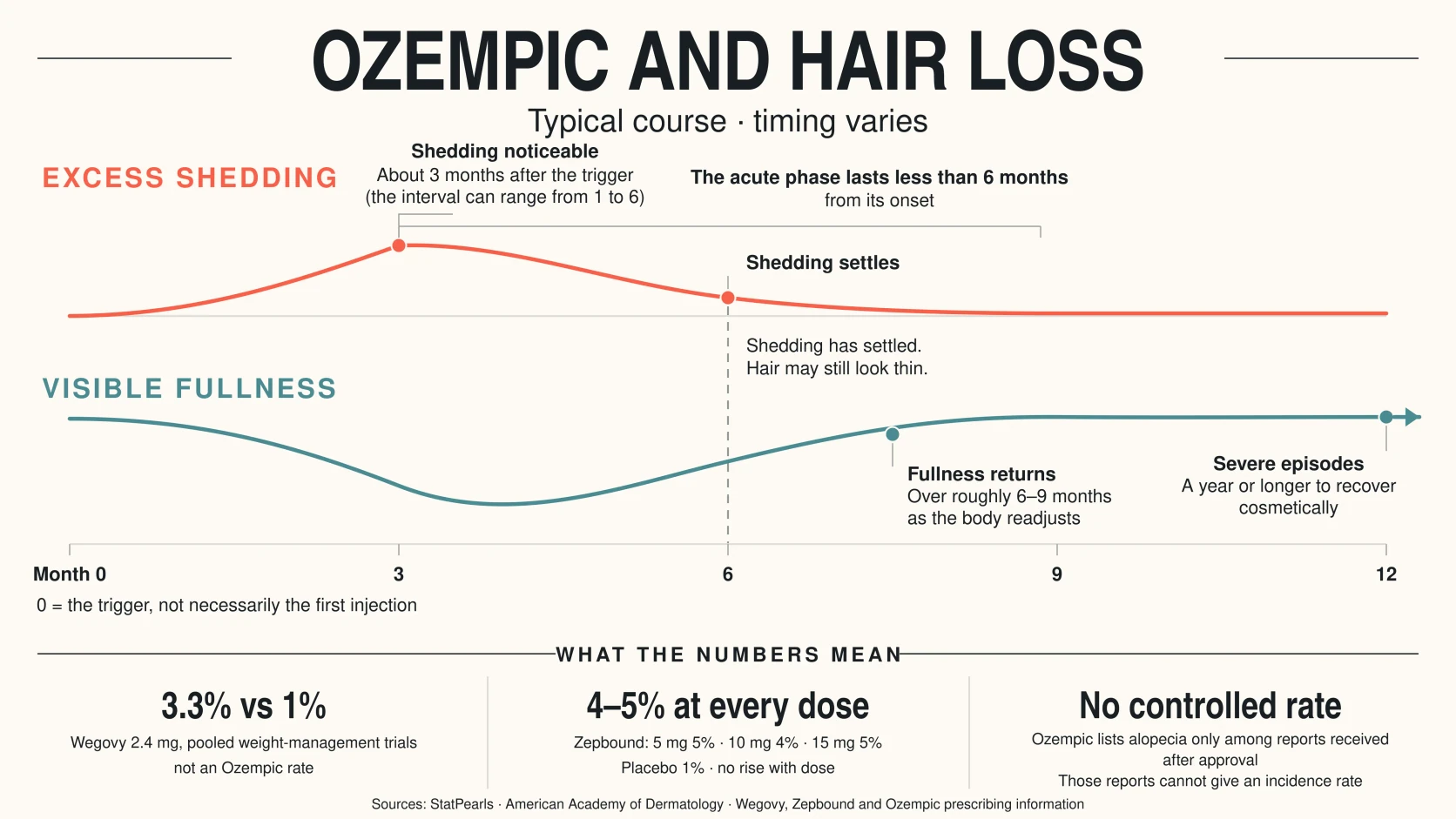 Ozempic and hair loss: how telogen effluvium usually unfolds after a trigger, shown as two lanes on one time axis from month 0 to 12. Excess shedding becomes noticeable about three months after the trigger, which is not necessarily the first injection, and the acute phase lasts less than six months from its onset. Visible fullness recovers later, over roughly six to nine months, so shedding can settle while hair may still look thin; severe episodes can take a year or longer. A lower strip notes that the 3.3% versus 1% hair-loss figure comes from Wegovy 2.4 mg weight-management trials rather than Ozempic, that Zepbound reported 4 to 5% hair loss at every dose with no rise with dose, and that Ozempic has no controlled rate, only reports received after approval.