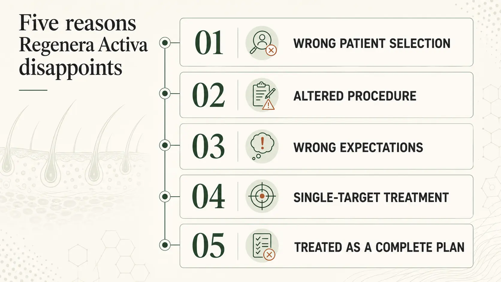 Five reasons Regenera Activa results disappoint, numbered in order: wrong patient selection, an altered procedure, wrong expectations, treating it as a single-target treatment, and treating it as a complete hair loss plan