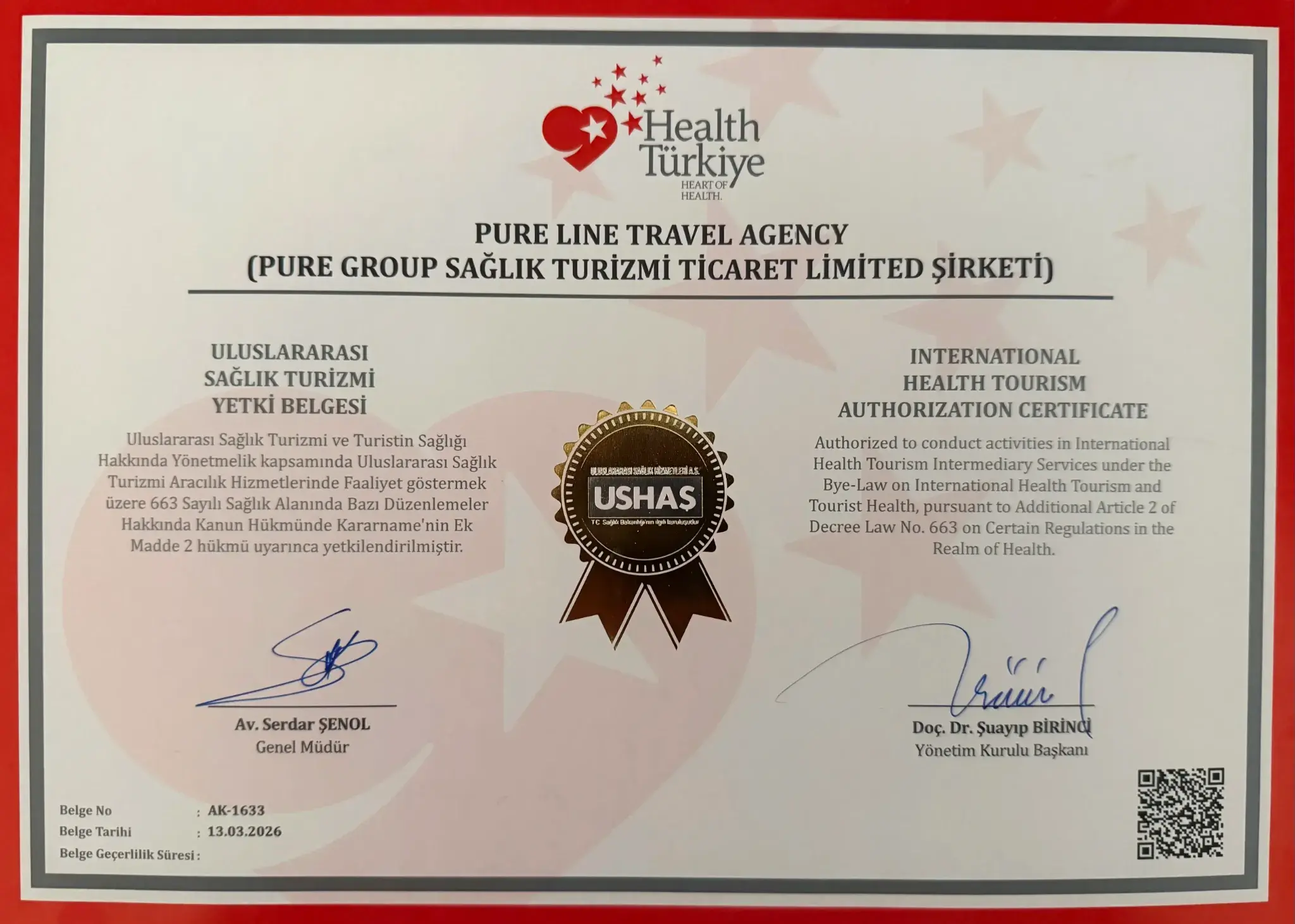 Pure Line Clinic International Health Tourism Authorization Certificate No. AK-1633, issued by the Republic of Türkiye Ministry of Health