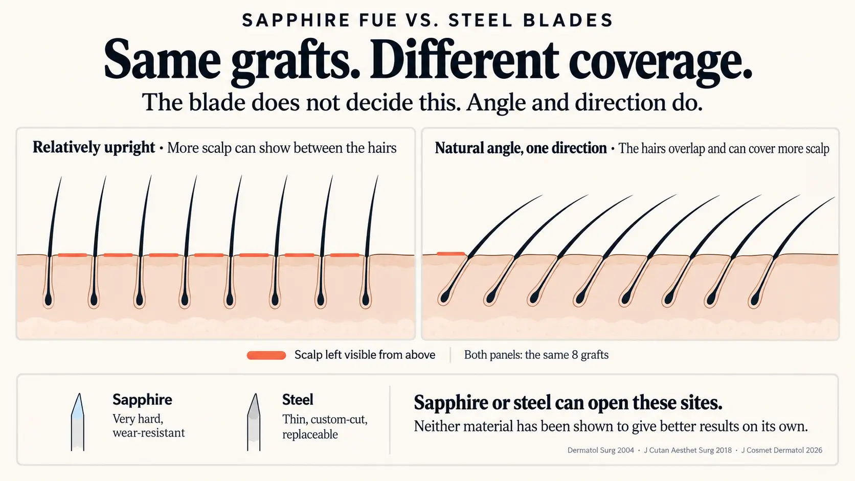 Sapphire FUE vs. steel blades: same grafts, different coverage. Two scalp cross-sections each hold the same eight grafts. On the left the hairs emerge relatively upright, and more scalp shows between them from above. On the right the follicles and hairs run at a natural angle in one direction, the hairs overlap, and they can cover more scalp. A lower band shows a sapphire blade, very hard and wear-resistant, and a steel blade, thin, custom-cut and replaceable: either can open these recipient sites, and neither material has been shown to give better results on its own.