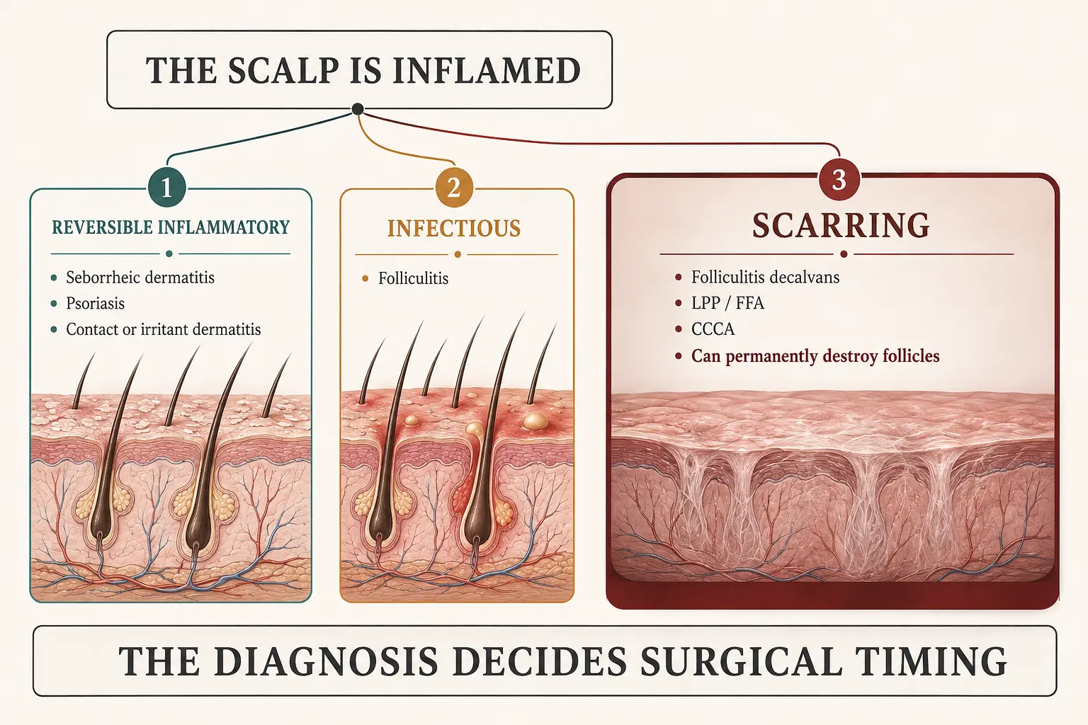 Scalp inflammation sorted into three groups: reversible inflammatory conditions such as seborrheic dermatitis, psoriasis and contact dermatitis; infectious folliculitis; and scarring alopecias including folliculitis decalvans, lichen planopilaris, frontal fibrosing alopecia and CCCA, which can permanently destroy follicles — showing that the diagnosis rather than the redness decides surgical timing