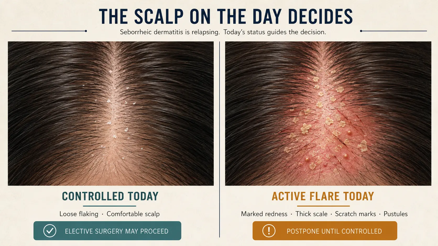 A controlled scalp compared with an active seborrheic dermatitis flare on the day of assessment: loose flaking on a comfortable scalp, where elective surgery may proceed, against marked redness, thick scale, scratch marks and pustules, where surgery is postponed until the condition is controlled