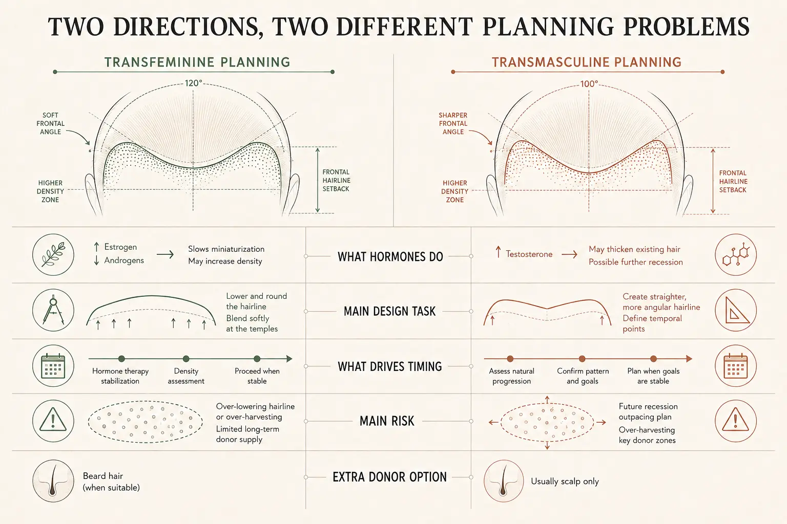 Transfeminine and transmasculine hair transplant planning compared across five axes: what hormones do, the main design task, what drives timing, the main risk, and the extra donor option — beard hair where suitable for transfeminine patients, usually scalp only for transmasculine patients — shown with top-down hairline geometry for each direction