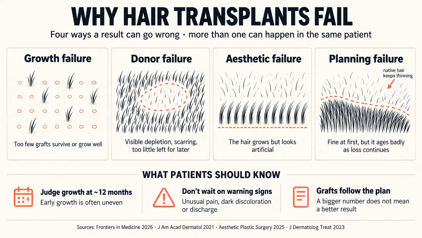 Why hair transplants fail: four schematic drawings of the ways a result can go wrong, and more than one can happen in the same patient. Growth failure, where too few transplanted grafts survive or grow well. Donor failure, where overharvesting leaves a patchy, thinned donor area with too little left for later. Aesthetic failure, where the hair grows but forms a straight first row of tufts all set at the same angle and looks artificial. Planning failure, where the transplanted front looks fine at first but the native hair behind it keeps thinning. A lower strip lists what patients should know: growth is best judged at around 12 months and early growth is often uneven; unusual pain, dark discoloration or discharge should be reported straight away; and the graft number should follow the plan, because a bigger number does not mean a better result.